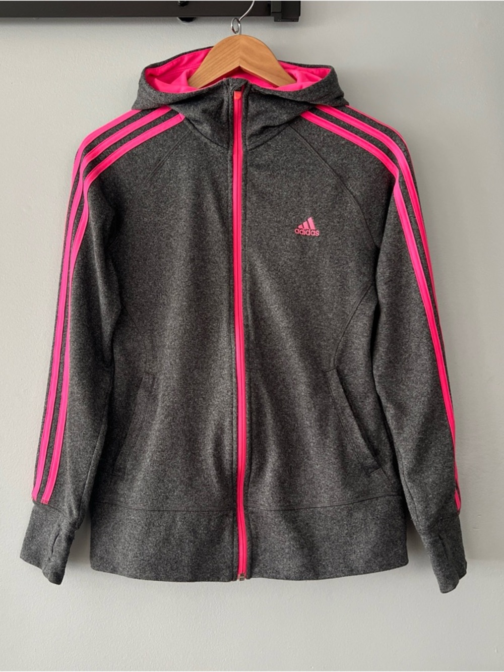 adidas Climawarm Charcoal Gray with Pink Trim Full Zip Hooded Jacket